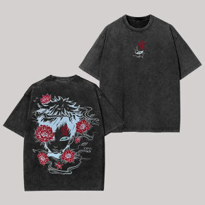 Bandai | Naruto Gaara T Shirt Spider Lily Flower Vintage Acid Wash Streetwear Oversized Retro Anime Graphic Men Tees Cotton Clothing