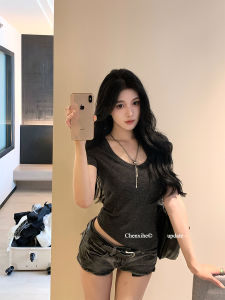 Chenxi He Grey Basic Versatile Slim Fit Short Sleeve T-Shirt Women Simple Match Short Shoulder Top Outdoor Wear Summer Thin