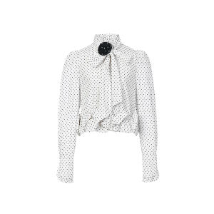 LeFame 2025 Spring Autumn Retro Ruffle Hem Black White Polka Dot Top Womens Original Design Straight Tube Long Sleeve Shirt