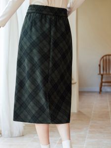 WANGGONGZHU | High Waist A-Line Woolen Mini Skirt Womens Spring Autumn Fashion Slimming American Retro Diamond Grid Split Mid-Length Skirt