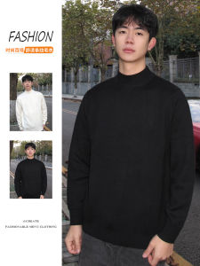 Mens Fleece Lined Knitted Half High Collar Sweater Autumn Winter mid Neck Base Shirt Black Warm Casual Long Sleeve Top