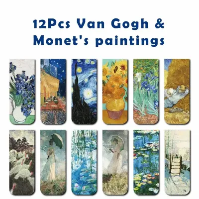 12pcs Artistic Magnetic Bookmarks Featuring World Famous Paintings by Van Gogh & Monet - Ideal for School Office And Art Lover