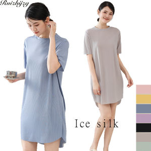 Ruizhijzg hàng sẵn có lụa băng ren dòng ăn mặc phụ nữ ngủ phong cách hàn quốc giản dị mùa hè mới tay ngắn mặc nhà màu trơn modal cotton phụ nữ bãi biển cỡ lỡn maxi cô gái trẻ thanh thiếu niên dressess thoải mái màu xanh lam mềm mại màu vàng xám tím