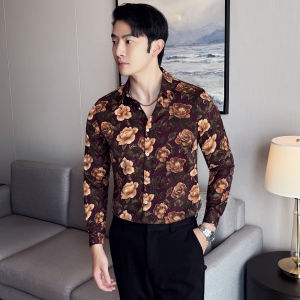 เสื้อเชิ้ตแขนยาวทรงสลิมฟิตสำหรับผู้ชาย สไตล์วินเทจ แฟชั่นฤดูใบไม้ร่วง คุณภาพสูง เสื้อเชิ้ตคอเหลี่ยมลายดอกไม้แบบลำลอง