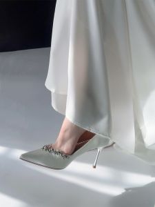 Elegant Rhinestone High Heel Shoes for Women 2024 New Style Shallow Vee Pointed Fine Heel White French Wedding Shoes