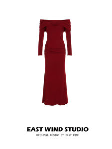 Elegant Red New Year One Shoulder Dress Waist Cinched Slimming Fish Tail Gown Womens Fashion Retro Style Long Sleeve Maxi Dress