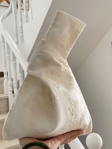 Retro French Embroidered Handbag Womens Purse Cotton Fabric Bag Lace Trim Soft Handle Casual Style Foldable Small Size