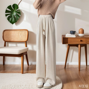 กางเกงขายาวทรงตรงเอวสูงถักนิตติ้งลำลองสำหรับผู้หญิงไซส์ใหญ่ ฤดูใบไม้ผลิ ฤดูใบไม้ร่วง และฤดูหนาว กางเกงขายาวทรงตรงขากว้าง
