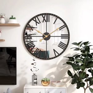 58cm Creative Mirror Round Roman Numerals Metal Clock Mute Decorative Mirror Surface Clock