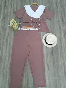 ชุดเซตสาวอวบ(พลัสไซส์)(ชุดเซตไซส์ใหญ่)ชุดเซต2ชิ้นเสื้อแต่งปก2ชั้น กระดุมหน้าแกะใช้งานได้จริง&กางเกงขายาว(ความยาวกางเกง38นิ้ว)