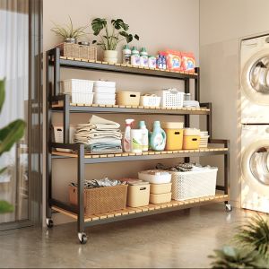 Balcony Multi-layer Space Utilization Bamboo Stainless Steel Step-shaped Floor-standing Shelf Rack Organizer Decorative Holder