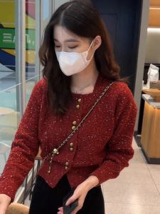 Red Festive Irregular Knitwear Sweater Womens Spring Unique Special Base Shirt Knitted Top Christmas New Year Celebration