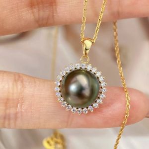 Montagne Jewelry 18k Gold Pendant Elegant Natural Crystal Inset Design Fine Jewellery Natural 10-11mm Tahiti Black Pearl Pendant Gold Necklace