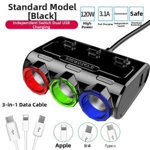 Car Cigarette Lighter Adapter Multi-Function Plug Car Charger Distributor One-To-Three Two-Vehicle Mounted Charging Device