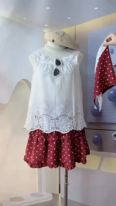 MK_Set đồ nữ mặc hè áo hai dây phối Ren babydoll hoa lỗ phối chân váy ngắn chấm bi bèo kèm khăn xinh