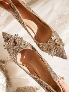 2023 New French Style Bridal Shoes Champagne Color High Heels Womens Fashion Single Shoes Easy to Wear Elegant Wedding Footwear