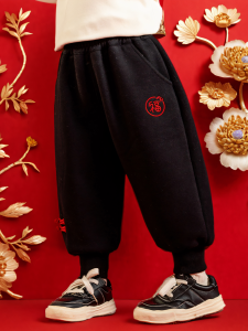 Cute Boys Autumn Winter Fleece Lined Sports Pants Stylish Childrens Long Trousers Thickened Cotton Blend Fabric Non-Breathable