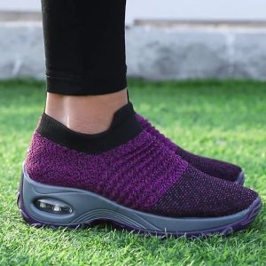 Women White Wedge Shoes Breathable Mesh Platform Shoes Comfortable Slip on Shoes Closed-Toe Sneakers for Lady Black