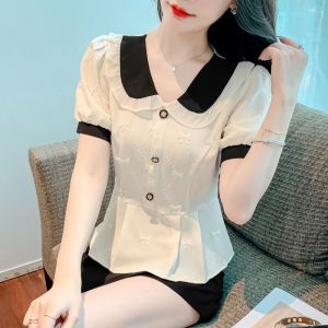 Cute Collar Shirt Short Sleeve Womens Summer Slimming Fashionable Beautiful Top Belly Covering Unique Necktie Clip