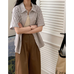 Casual Stripe Shirt Womens Summer New Loose Fit Short Sleeve Luxury Feel Vintage Style Hong Kong Style Top