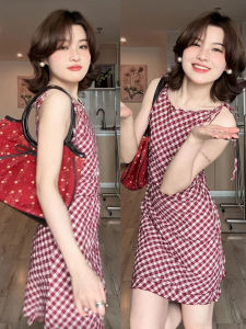 QINWEIYU | French Red Plaid Strap Vest Dress Womens Summer New Small Waist Cinch Short Skirt Sweet High Waist A-Line Skirt Polyester Fiber