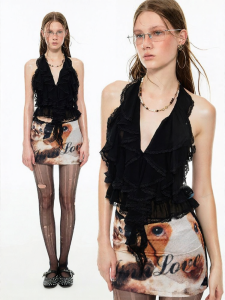 1JINN STUDIO | Lace Top Net Yoke Halter Neck Ruched Flounce Strap Backless
