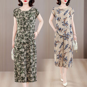Fashionable Casual Cotton Silk Set for Women Summer New Arrival Age-Reducing Home and Outdoor Wear Short Sleeve Wide-Leg Pants Two-Piece Set