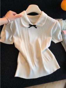TIANANQI | Korean Style Short Sleeve Knit Top Bow Collar Slimming