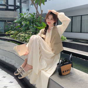 Elegant Soft Beige Dress Jacket Set Womens Spring Autumn Slimming Anti-Aging Fashion Skirt Two-Piece Set Korean Style