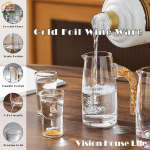 Vision 5Pcs-Set Glass White Wine Cup with V-Shaped Decanter Moutai Cup Household Small Wine Cup Thick and Crystal Clear Transparent Glass Gold Foil Wine Cup Set with Gift Box