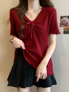 Plus Size Womens Shoulder Stylish Ice Silk Knitted T-shirt Womens Plus Size Ladies Silm Slimming Belly-Covering Short Sleeve Tops Fashion