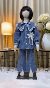 (Free Bando Karakter) Setelan Jeans Anak Perempuan Kekinian Import Koreans Style Full Jeans Lengan Pendek Bunga Tali Usia 3 – 12 Tahun One set Celana Cutebray Anak Muslimah - Deviza Kids Wear