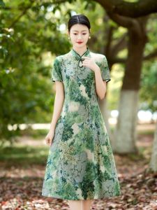 Summer Short Sleeve Qipao Dress for Middle-Aged Women Retro Mom Style National Trend Improved Version Casual Fit Silk Blend Long Dress