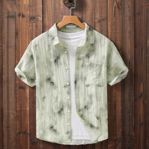 Lightweight Breathable Linen Mix Short Sleeve Casual Shirt Loose Fit Summer Fashion Urban Style Mens Shirt Comfortable Loose Artistic