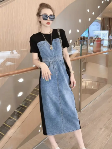 Casual Fashion Denim Patchwork Dress Elegant Summer New Style High Waist A-Line Long Skirt Short Sleeve round Neck Korean Version