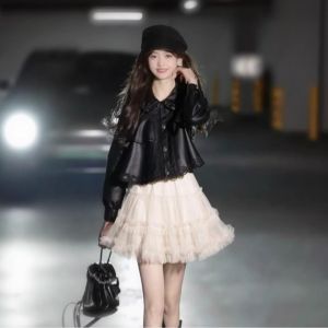XUECAIQI | Spring Cool Stylish Black Leather Jacket and Lace Skirt Set Women