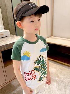 27Kids Korean Style Cartoon Dinosaur Short Sleeve T-Shirt Pure Cotton Childrens Summer Base Layer Sweatshirt Baby Clothes