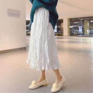 Retro French Pleated Midi Skirt Womens High Waist A-Line Skirts Slimming Half-length Autumn Winter Elegant Sweet Style