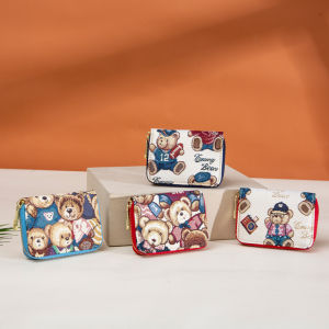 กระเป๋าสตางค์ทรงสั้นลายหมีน่ารัก กระเป๋าใส่เหรียญแบบมีช่องใส่บัตรขนาดใหญ่ กระเป๋าสะพายไหล่ผ้าไนลอนสไตล์เกาหลีสำหรับผู้หญิง