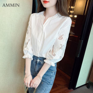 AMMIN ผู้หญิงหนอนสีจมูก เสื้อเสื้อผ้าฝ้ายปักลายลูกไม้แขนเจ็ดส่วนดี ชุดลำลองเดินทางเสื้อลูกไม้ฉลุ 2023 ราคาเสื่อมส่วนตัว