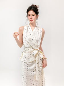 SHANGWEILUO | Bộ Đồ 2 Mảnh Phong Cách Chấm Bi Mùa Hè Áo Vòng Cổ V Không Tay và Chân Váy
