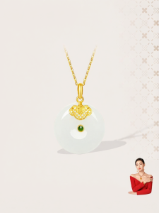 Genuine Gold and Jade Inlaid Peace Pendant Necklace