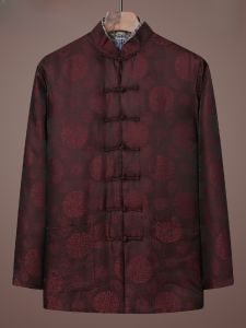 Senior Mens Silk Cotton Jacket Hongyuan Xiangyun Sha Birthday Celebration Traditional Chinese Style Loose Fit Button Decor
