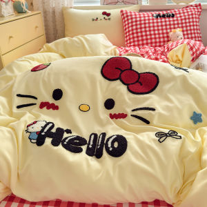 New Ins Style Cartoon Cat Towel Set Dormitory Bedding Three-Piece Quilt Cover Washed Cotton Sheet Set Four-Piece Queen Size