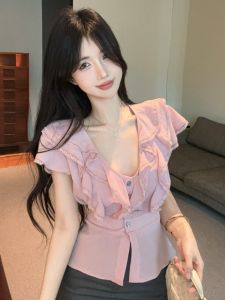 GUZILIAN | Korean Style Gentle V-neck Chiffon Shirt Summer New Pure Desire Novelty Short Sleeve Womens Top Lace Trim Flounce Sleeve Blouse