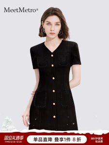 MeetMetro French Style V-neck Dress Womens Summer New Slimming A-line Skirt Short Sleeve Polyester Blend Comfortable Fit
