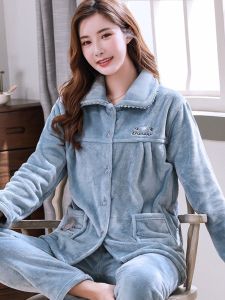 หนาขนแกะปะการังชุดนอนสตรีชุดหรูหราปักฤดูหนาว WARM Home เสื้อผ้า Flannel วัสดุเส้นใยโพลีเอสเตอร์