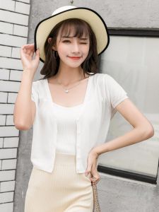Summer Coat Ice Silk Small Waistcoat Summer Shawl Thin V-neck White Short-Sleeve Top Summer Knitwear Cardigan