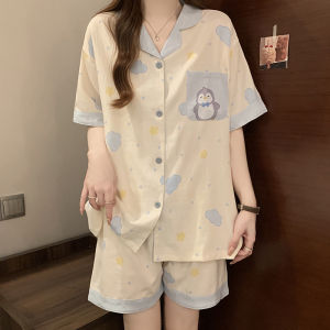 Summer Sleepwear Set Womens Thin Short Sleeve Open Cardigan Collared Home Clothes Two-Piece Set Student Girls Cartoon Knitted Cotton