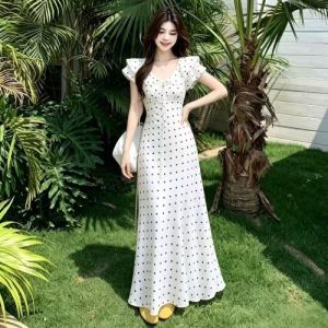 RELNLEX | Đầm Nữ Kiểu Pháp Elegante Retro Chấm Bi Dây Đai Resort